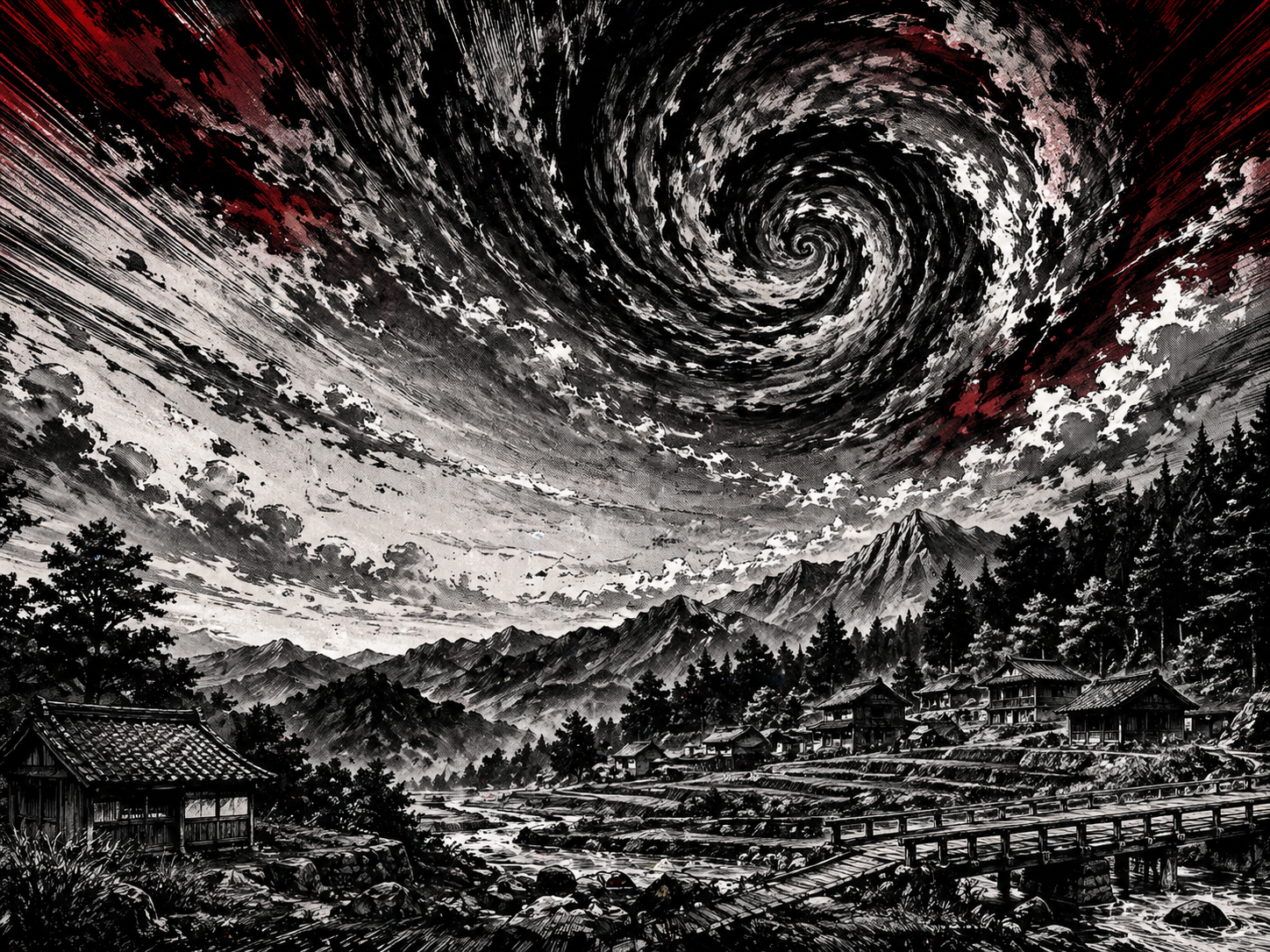 奥越の山あいと渦巻く空